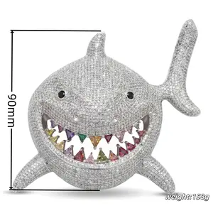 ⑤③Space ice Iced Out Shark Pendant with Colorful Teeth - Silver Tone - Cubic Zirconia Hip Hop Jewelry for Men & Women