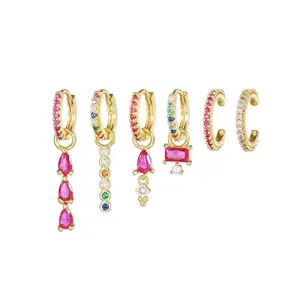 Hot Girl Colored Zircon Geometric Ring Ear Buckles Personalized Copper Plated 18k Gold Spike Pendant Set Zircon Earrings Set