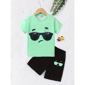 Boys' Casual Shorts Set, Geometric Pattern, Polyester & Spandex Blend, Slight Stretch, Knit Fabric, Loose Fit, Spring/Summer Collection, for Outdoor