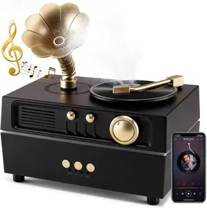 Daroma Essential Oil Diffuser, Retro Phonograph Design with Music Player, 7-Color LED Lights, Low-Noise Aromatherapy Humidifier for Home Office, Unique Gift Idea (Black)