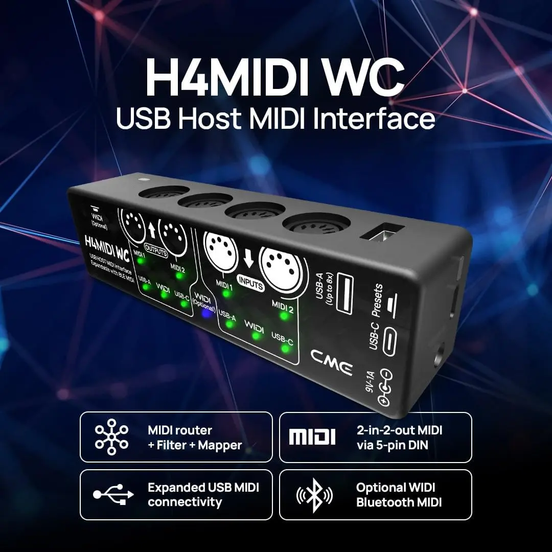 CME H4MIDI WC USB MIDI Host Interface, MIDI Router & Controller with 5-Pin MIDI, USB Host, USB-C, WIDI Bluetooth Support for Keyboard, Guitar Pedals & Synthesizers