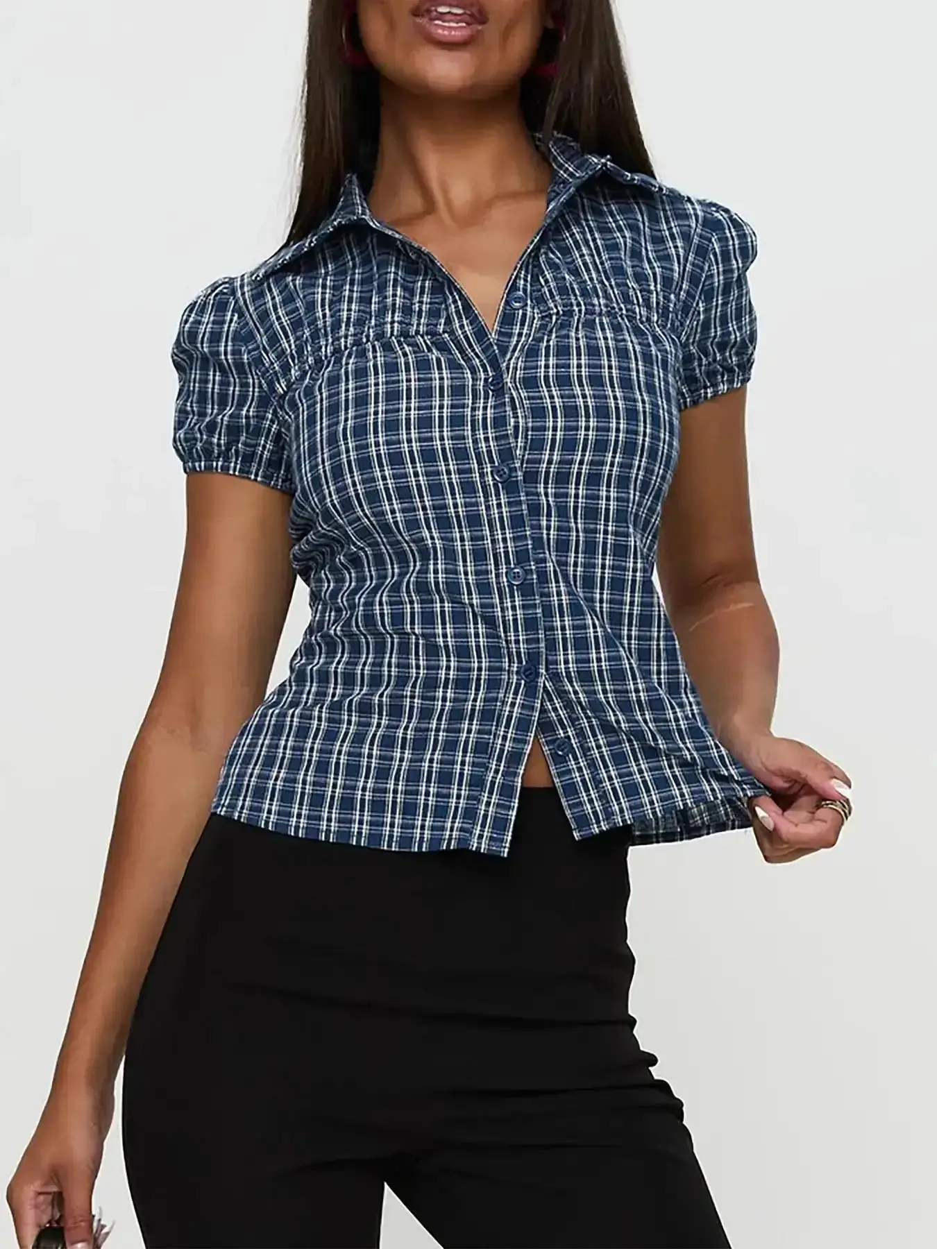 Women's Sophisticated Plaid Print Button Front Shirt, Casual Slim-fitting Shortsleeve Collared Top for Daily Wear, Ladies Clothes for All Seasons, Womenswear, Blouse, Style Everyday Top, Chic, Blouses Shirts Tops