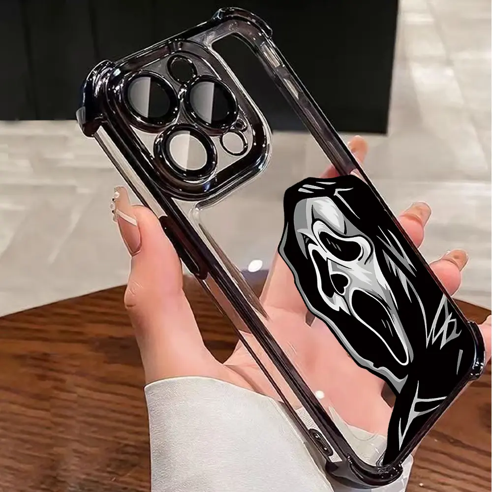 1pcs New electroplated four-corner airbag anti-drop/ghost face pattern design/thickened TPU protective case suitable for Apple 16prmax/16/13promax/12promax, 11, 15PROMAX, 14PROMAX/Galaxy S23/S24 Ultra/S25 Protection Cover Black