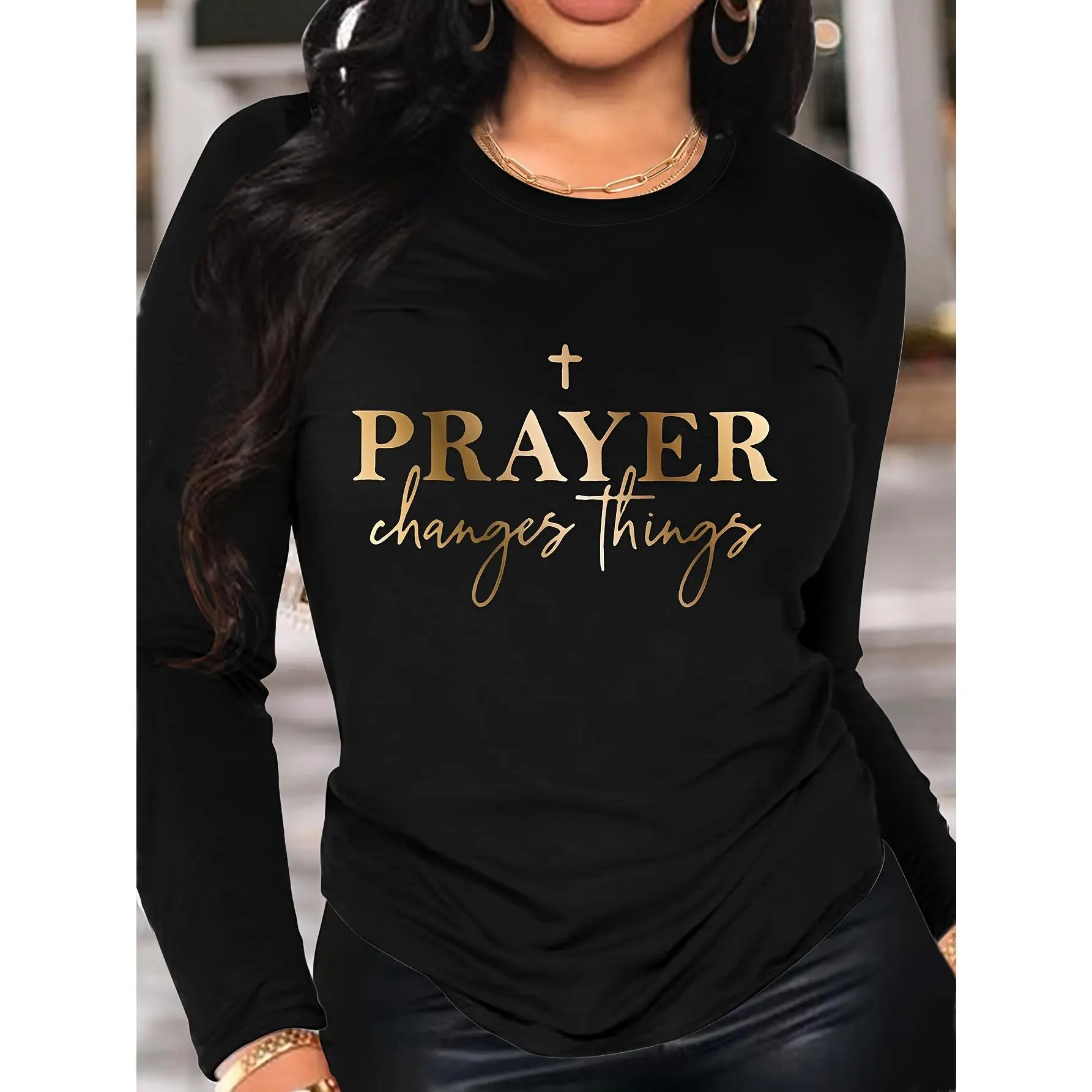 Pray to Change Things Letter Pattern Printed Round Neck Bottoming Long Sleeve Shirt