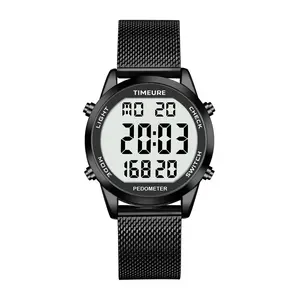 Men's Pedometer Watch with Stainless Steel Bracelet,Step Counter Watch No App, No Charging Needed for Ourdoor Walking, Calorie, Distance, Alarm, Countdown Timer Watch TU-2306B TIMEURE