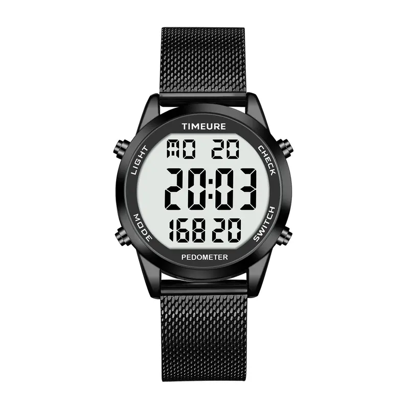 TIMEURE Men's Stainless Steel Metal Fitness Tracker Watch - Waterproof Pedometer (30m), Step Counter, Calorie/Distance Tracker, Alarm, Countdown Timer, Breathable Band, No App/Charging, Outdoor Wear (TU 2306B)