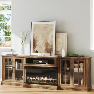 【2 Packages Shipping】 oneinmil 98" Farmhouse TV Stand with 36" Fireplace for TVs up to 100", Media Entertainment Center with Adjustable Shelves and Large Storage Cabinets, for Living Room, White & Black