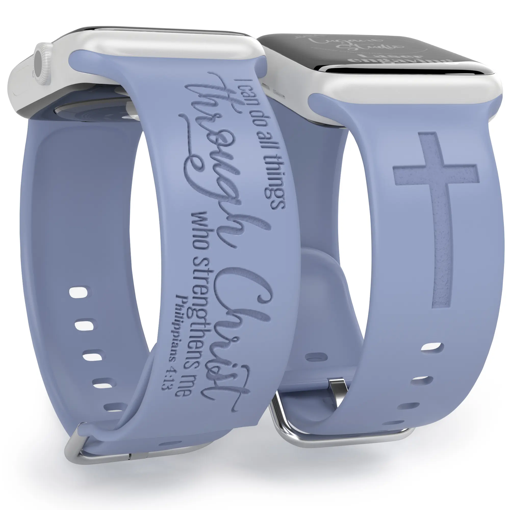 I can do all things through Christ Laser Engraved Purple Silicone Watch Band Compatible with iWatch 38mm-49mm Philippians 4:13 Jesus Psalm Christian God Strap