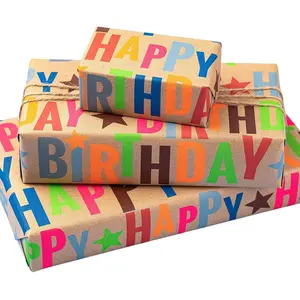 10m/32.8Ft Kraft Wrapping Paper Roll - 43cm/16.9Inch Wide, 'Happy Birthday' Printed Wrap, Thick Durable Material, Birthday Gift Wrapping Essential, Gift Wrapping Supplies, Ideal for Family Friends Presents, Party Favors Decor, Gift Box Packaging