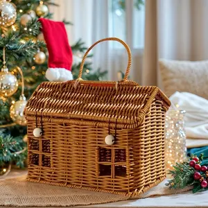 Handmade House-Shaped Basket with Lid, Handmade Rattan Baskets, Party Candy Storage, Gift Box, Desktop Organization, Farmhouse Style Home Decor, All Seasons