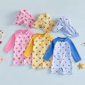 Babamoon Toddler Baby Girl Boys Rash Guard Swimsuit with Hat 2 Pcs Set Bee/Watermelon/Sailboat Print Striped Zip Up Long Sleeve Swimwears 0-24 Months