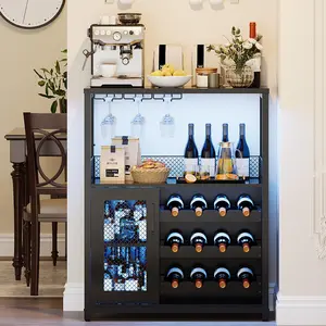 3-Tier Wine Bar Cabinet with LED Lights & Wine Rack-Liquor & Coffee Bar Cabinet with Glass Holder & Mesh Door,Sideboard Buffet for Living Room,Black
