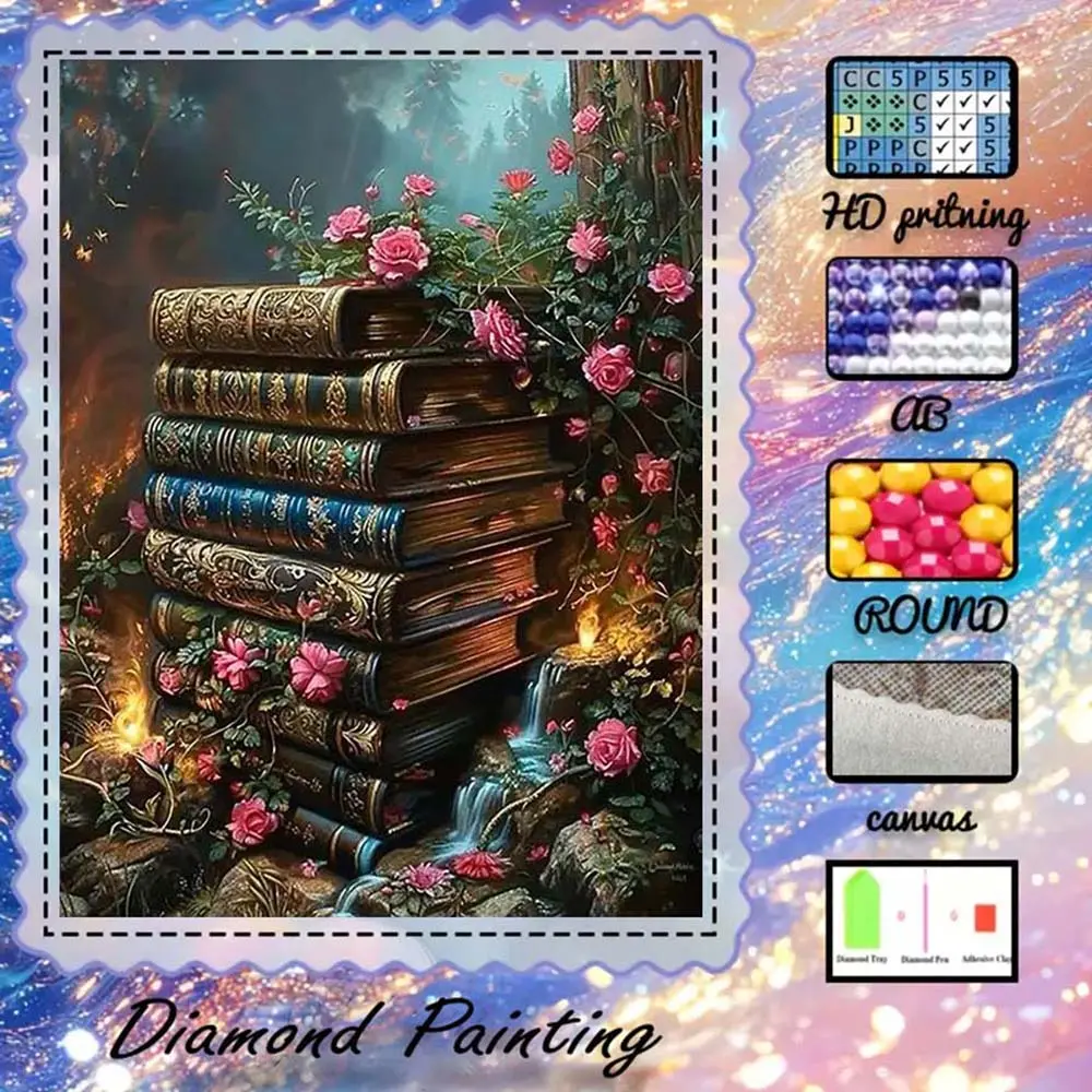 DIY 5D flocking cloth diamond painting kit, AB diamonds, fairy dust diamonds, crystal diamonds, books, roses, waterfall diamond embroidery, special craft diamond art set, wall decor, gift for family, loved ones, friends, Handicraft