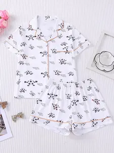 Women's 2-Piece Cute Cartoon Soccer Print Short Sleeve Pajama Set, Lapel Button Down, Soft Breathable Loungewear, Fun Football Character Sleepwear, Soccer Fan Themed, All-Season Casual Wear