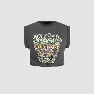 Cider [5 colors, size 0-26] Round Neckline Graphic Knotted Crop Top Curve & Plus