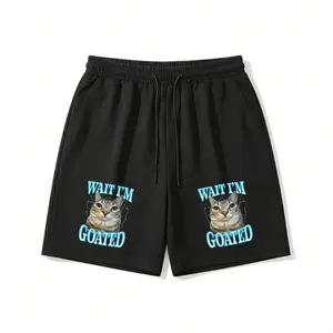 Men's "Wait I'm Goated" Funny Cat Print Shorts, Casual Streetwear Drawstring Sweat Shorts, Comfy Summer Meme & Daily Wear for Guys Fleece-Lined Unisex