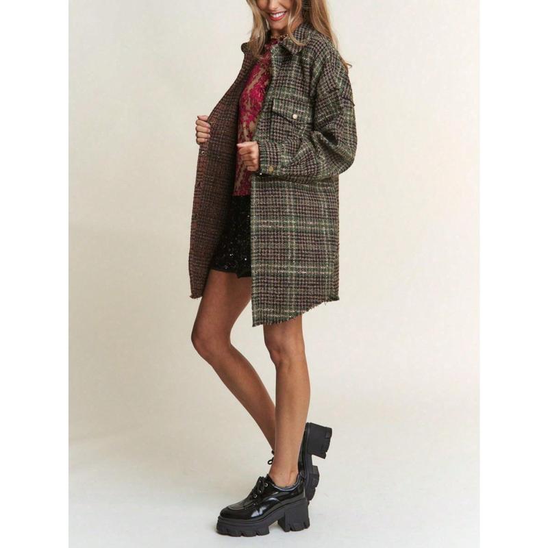 Women's Casual Jacket Vintage Snap Down Tweed Plaid Contrast Longline Shacket Misty Forest Long Sleeve Button-Down Oversized Fit Frayed Hem Comfy And Stylish Perfect For Spring/Fall/Winter Layering Everyday Wear.