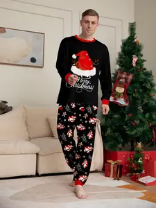 Christmas men's long-sleeved loungewear pajamas pajamas set, Christmas hat Santa Claus and Christmas elk combination printing elements, crew neck design, Christmas men's 2-piece set, Christmas suit, Christmas clothing