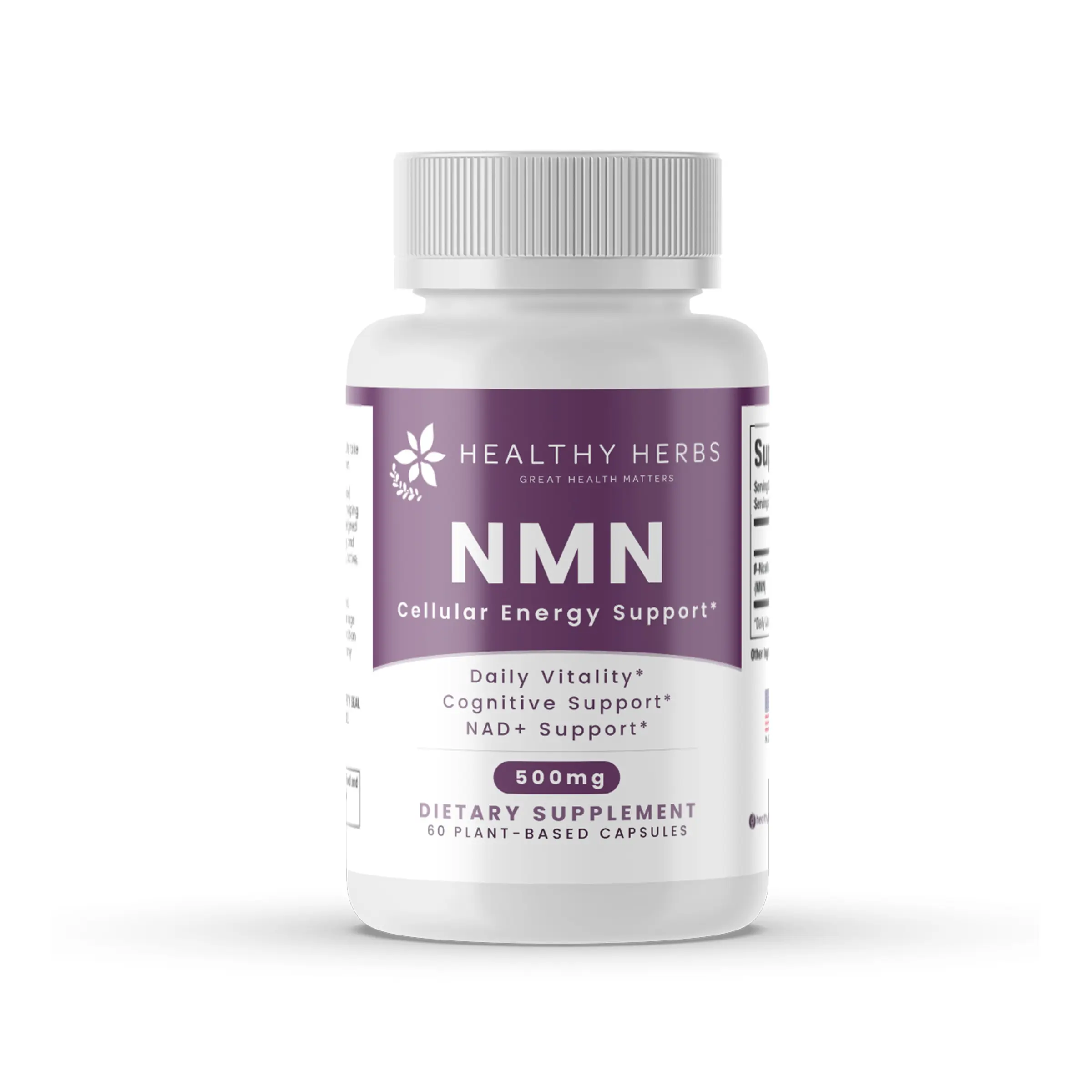 NMN 500mg Dietary Supplement - Healthy Herbs Plant-Based - Cellular Energy Support, NAD+ Level Boost, Focus, Daily Vitality, Brain Health - 60 Vegan Capsules, Made in USA, Third-Party Tested