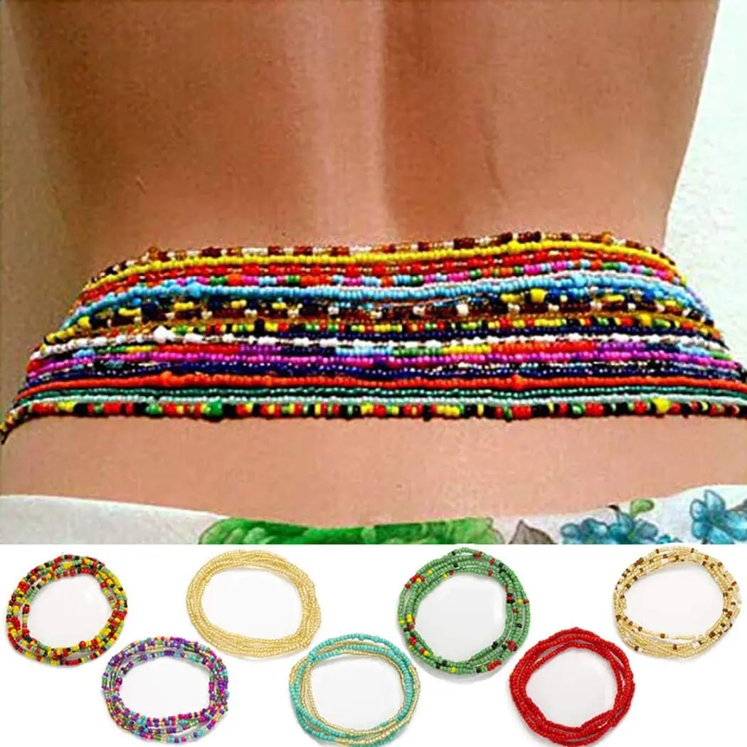 7 Pack Colorful African Waist Beads, Layered Body Jewelry Set for Women, Stretch Glass Bead Belly Chains for Beach Party, Beaded Accessories