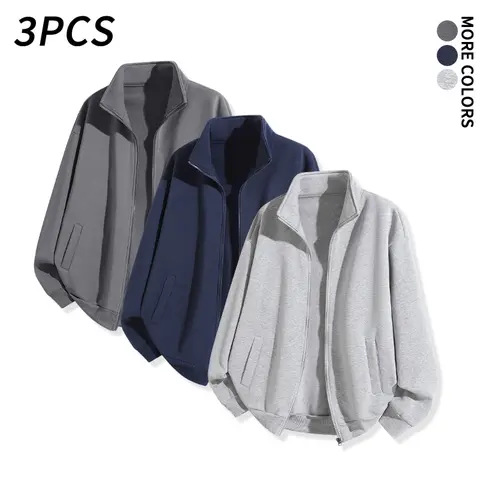 Men’s 3-pcs stand collar zip-up sweatshirt jackets, loose drop-shoulder fit, American minimalist casual style, versatile athletic tops for autumn/winter commuting and going out Menswear Hoodie