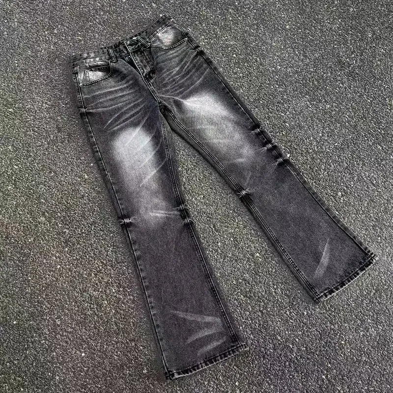 Whiskered washed slight-flare jeans (mid-rise, slim fit)—unisex style featuring knee pleats and classic pocket detailing; a blend of 90s retro and Y2K aesthetics, perfect for everyday urban wear.