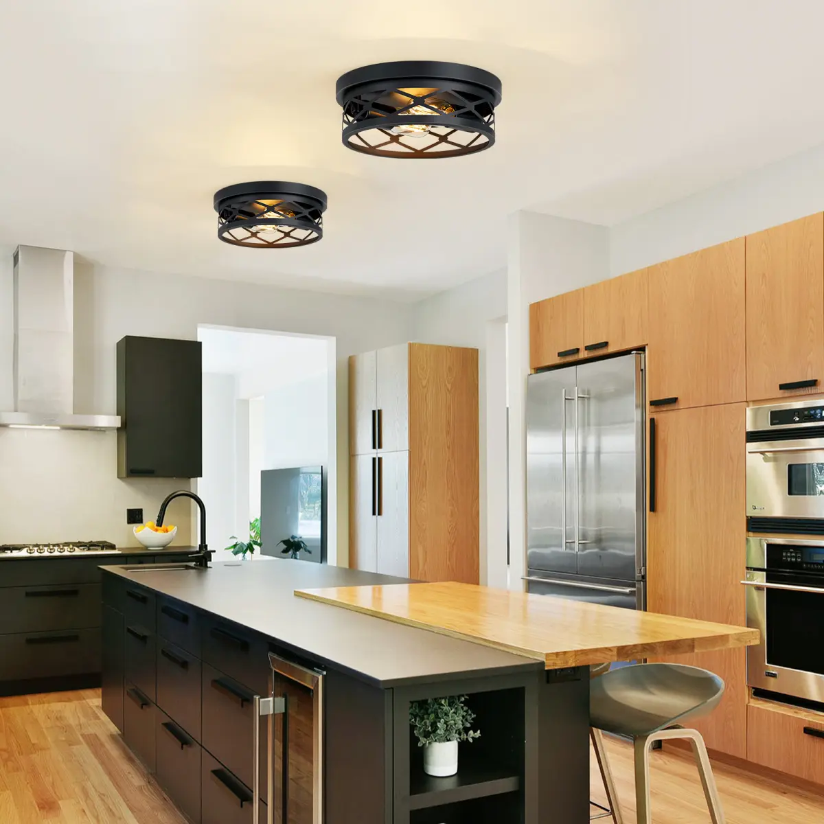 2 Pack 2-Light Matte Black Industrial Flush Mount Ceiling Light, Hollow Crisscross Metal Cage Close to Ceiling Light Fixtures, Farmhouse Round Ceiling Lamp for Hallway Kitchen Bedroom Entryway