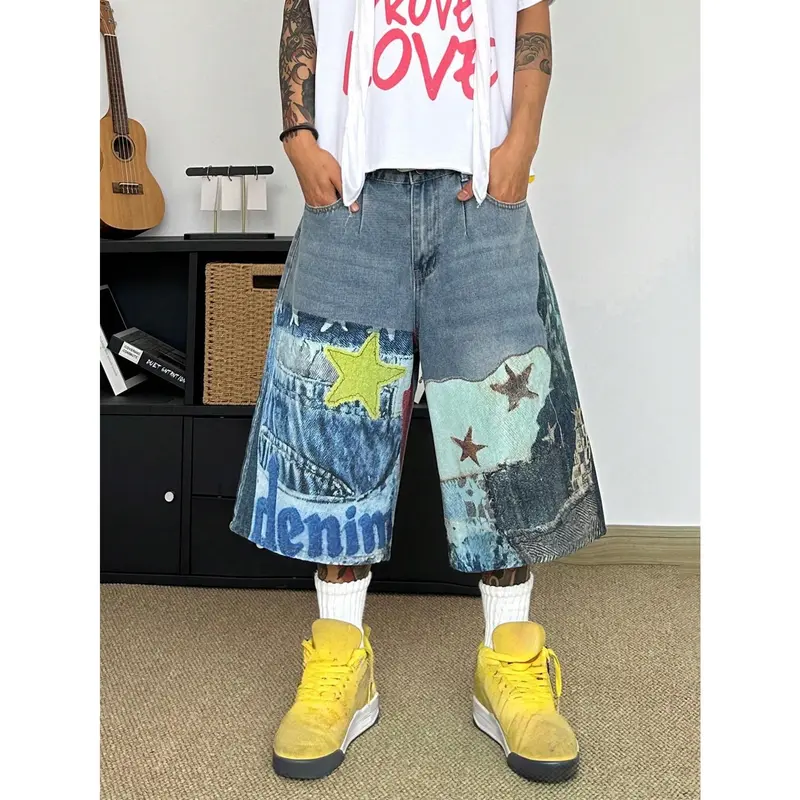 Men's Vintage Distressed Ripped Hem Star & Letter Print Loose Wide Leg Casual Denim Shorts, Streetwear Fashion, Suitable For Summer