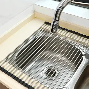 Stainless Steel Multifunctional Drain Rack, Silicone Edge Roll-Up Draining Board Holder, Kitchen Sink Rolling Drying Rack Tool