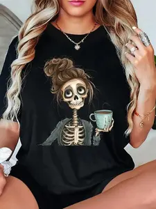 Women's Skull & Coffee Print Round Neck Tee,Fashion Casual Crew Neck Short Sleeve crew neck  T-shirt for Daily Holiday Vacation Outdoor Wear, Ladies Clothes for Summer Cotton Top