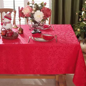 SASTYBALE Christmas Tablecloth Rectangle Holly Berry Jacquard Spill Proof Wrinkle Free Fabric Table Cloth, Damask Table Cover for Kitchen Dining, Party, Xmas, Winter, Holiday Ornaments Decor
