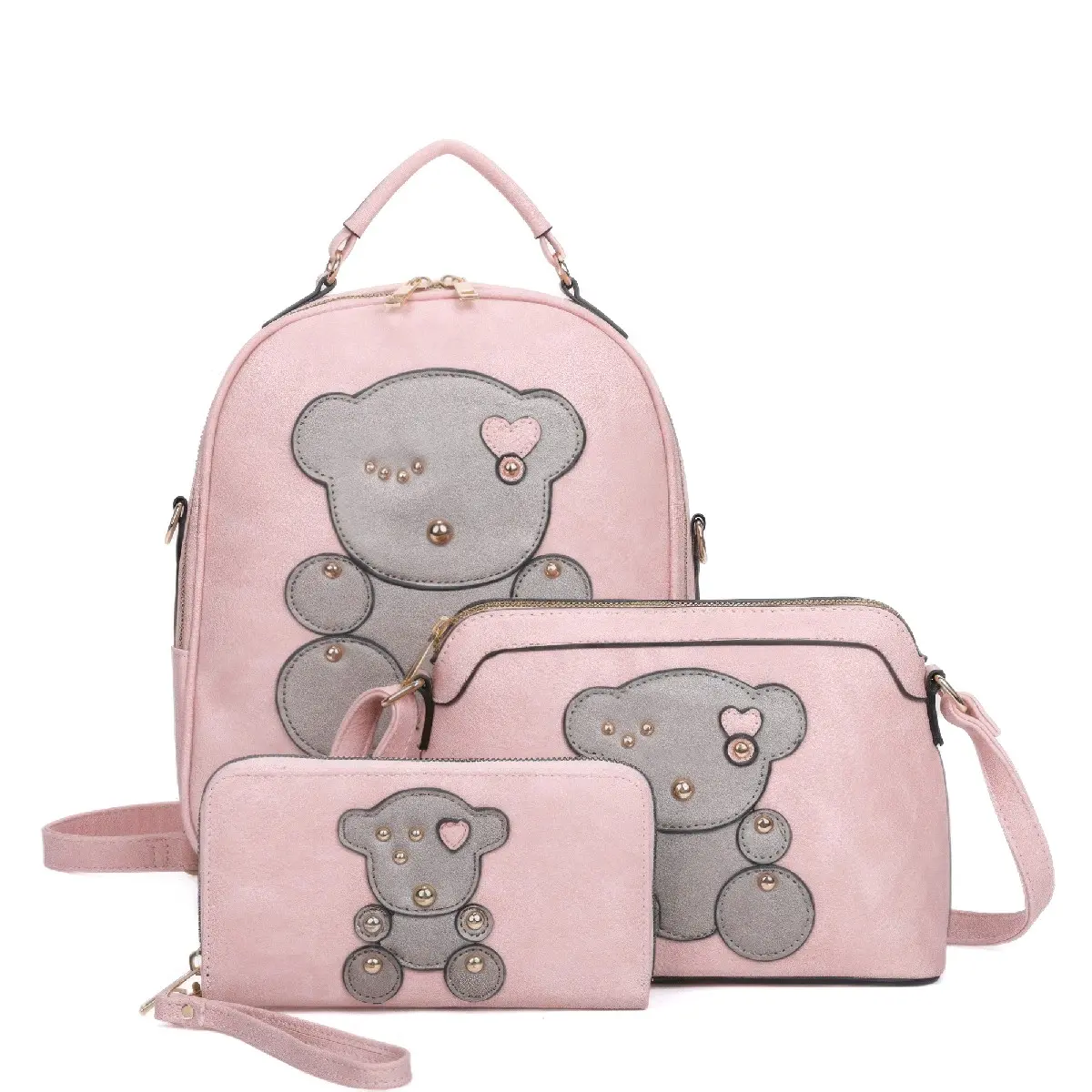 Cute Bear Design Handle Backpack with Crossbody and Wallet - 3 in 1