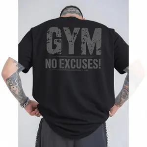 Men'S Gym Motivational T-Shirt - "Gym No Excuses" Back Print, Breathable Athletic Top with Gym-Themed Design, & Contrast, Regular Fit Short Sleeve Round Neck for Workout, Gym Shirts
