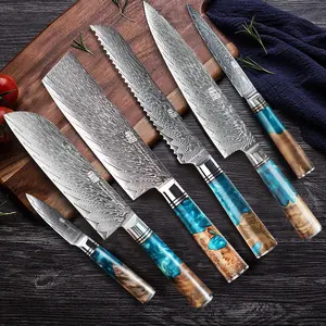 FINDKING Kitchen Knife – 1PC Damascus Steel with 67 Layers | Luxury Blue Resin & Sapele Wood Handle | Chef, Santoku, Utility, Bread & Paring Knives for Cooking Utensils Cutting Block Blade