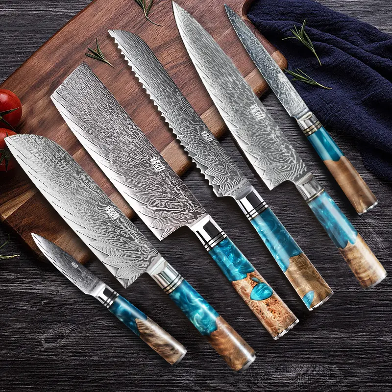 FINDKING Kitchen Knife - 1PC Thick 67-Layer Damascus Steel Blade, Ergonomic Luxury Blue Resin & Sapele Wooden Handle, Corrosion Resistant, Handcrafted by Skilled Artisans (Kitchenware Cutlery for Versatile Cutting Tasks)