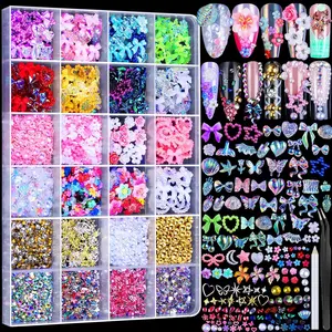24 Grid Nail Charms, Nail Art Kit with Multi Shapes Nail Charms and Gems, Flatback AB Nail Rhinestones Gold Nail Pearls, Charms Y2K for Nails, 3D Hawaii Flowers Nail Jewels for Nail Design