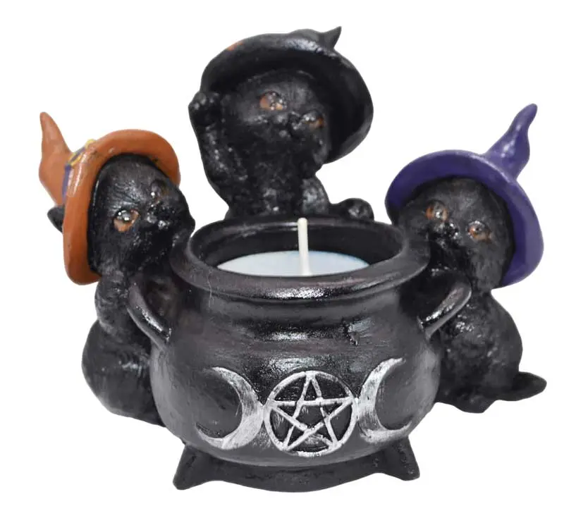 Witchy Cats Cauldron Tealight Holder Polyresin — Halloween Cat Altar Candle Holder
