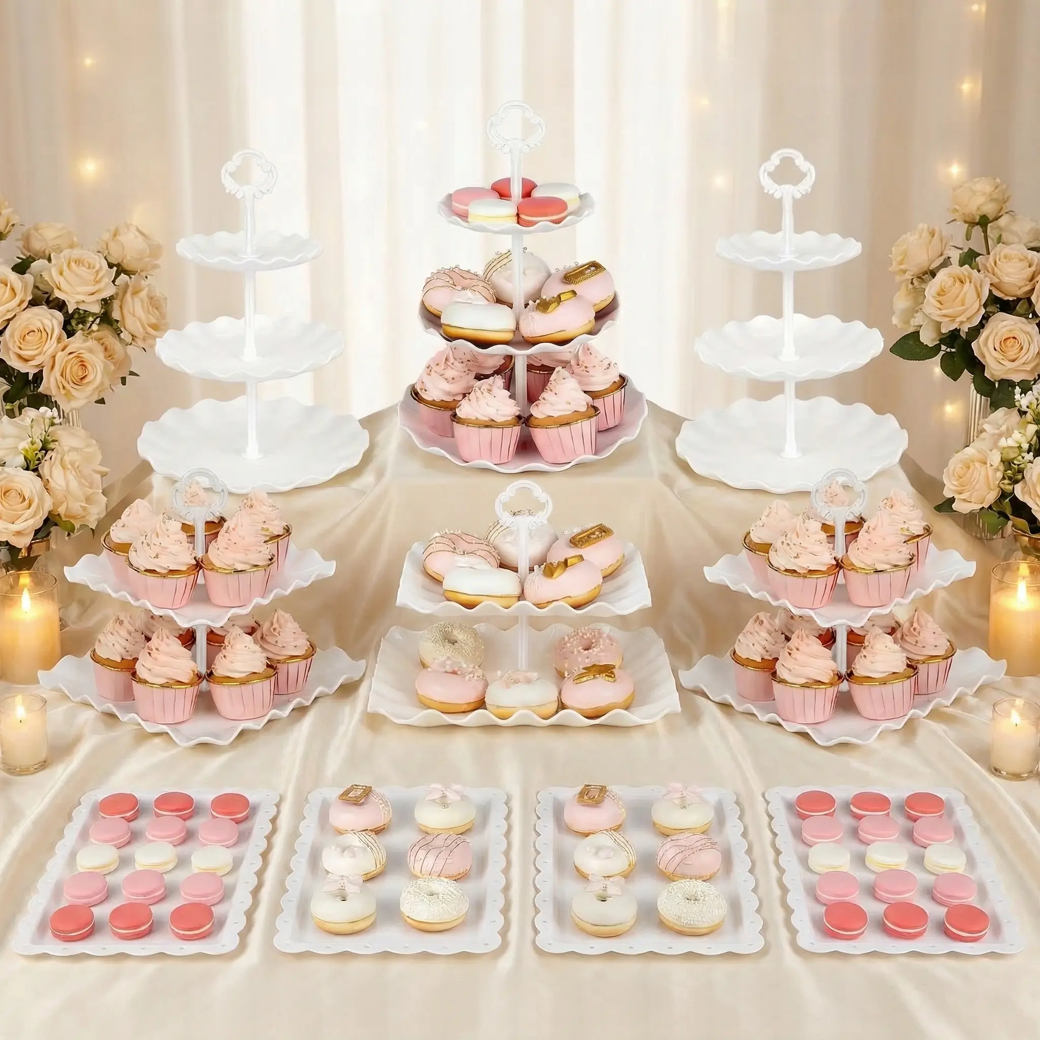 Cupcake Holder 10-Piece Party Dessert Stand Set with 3 Round Three-Layer, 3 Square Two-Layer & 4 Dessert Trays for Birthdays, Weddings & More, Cupcake Stand Set, Decorative Cake Cupcake Stands