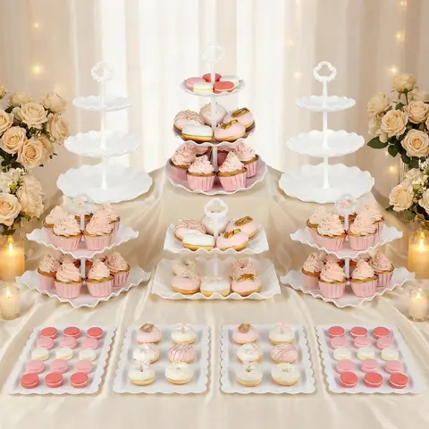 Cupcake Holder 10-Piece Party Dessert Stand Set with 3 Round Three-Layer, 3 Square Two-Layer & 4 Dessert Trays for Birthdays, Weddings & More, Cupcake Stand Set, Decorative Cake Cupcake Stands