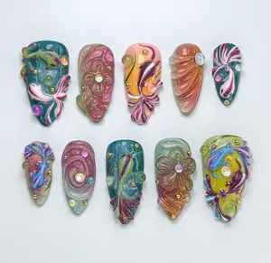Colorful Jelly Swirl Press-On Nails | Artistic Jelly Texture Design | Floral & Fish Design Nail | Vibrant Fantasy Press-Ons Set