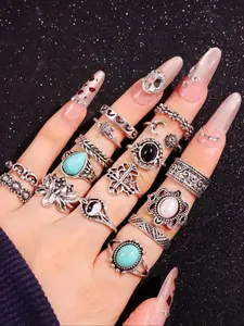 Gothic Victorian Style Silver Color Turquoise Floral Ring Set, Vintage Jewelry Gift for Women, 16 Piece Collection