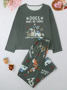 Women's Halloween Pajama Set, Casual Print Round Neck Long Sleeve Top & Elastic Pants, Comfortable All-Season Sleepwear Loungewear