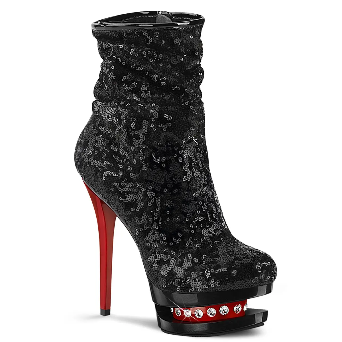 Women's Sequined Ruched Platform Ankle Boots - 6" Heel, 1.5" Red Rhinestone Platform, Side Zip Footwear