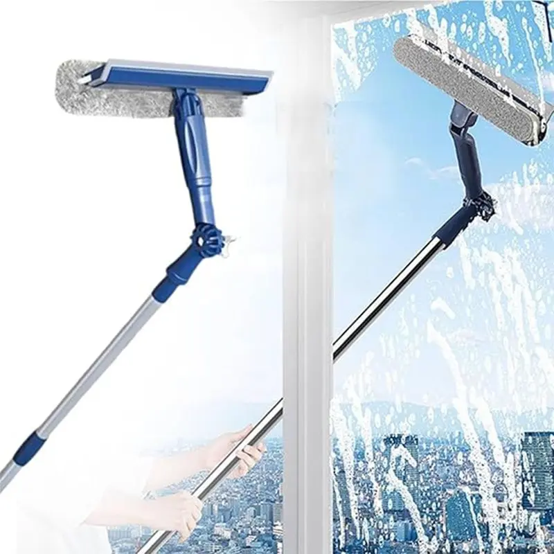 All-In-One Multi-Functional Glass Cleaning Tool with Scraper, Extended Double-Sided Pole, 180-Degree Rotating, Indoor/outdoor Use, Window Squeegee with Extension Pole