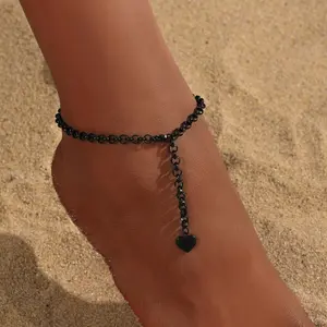 Women's Stainless Steel Black Heart Fringe Anklet - Black Heart, Chain Style, Metallic, Statement Anklets, Summer Hip-Hop Fashion Accessory for Daily, Beach Wear, Black Heart Anklets, Chain Style Anklets