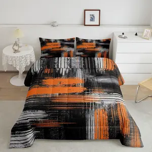 Abstract Orange and Black Comforter,Full,Abstract Graffiti Art Luxury Bedding Set,Geometric Artistic Designer Comforter Set,Grunge Orange Duvet Set