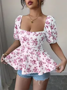 Women's Floral Print Blouse, Boho Button Front Bohemian Fashion Casual Short Sleeve Top for Daily Holiday Vacation Wear, Ladies Clothes for Summer, Womenswear