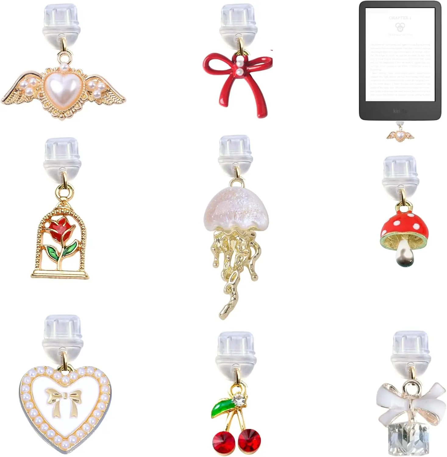 8 count Charms for Kindle,  Cherry Heart Bow Rose Design, Compatible with Kindle and Phone Dust Plug Charms Type C  Ports