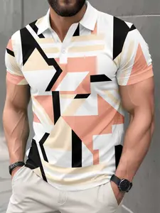Men's Golf Lapel Polo Shirt, Golf Apparel, Geometric Fashion Print, Breathable Sportswear, Streetwear Casual Top, Fitted Style, No Ca Prop 65