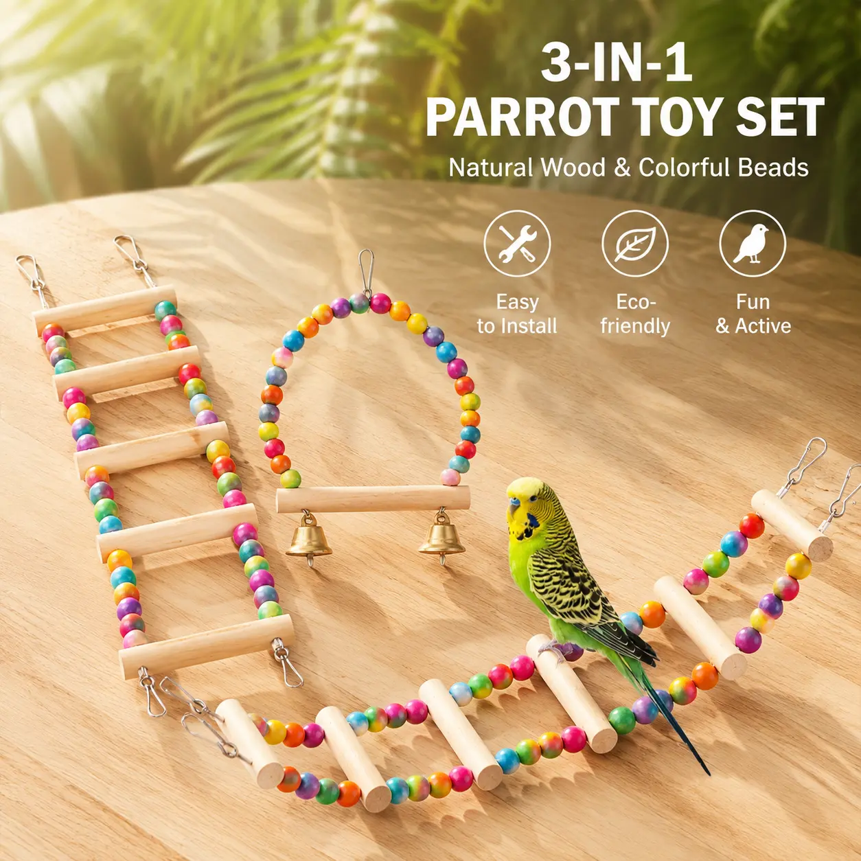 Turn Any Cage Into a Bird Playground! 3-in-1 Wooden Parrot Toy Set | Eco-Friendly Wood Beads | Bell Swing, Climbing Ladder & Hanging Bridge | Fun Exercise Toy for Budgie, Conure, Cockatiel & Lovebird